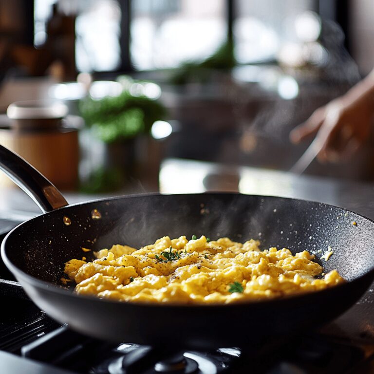 A cozy, modern kitchen featuring an array of cooking tools and ingredients, with natural lighting creating a warm atmosphere. The scene includes various utensils, bowls, and a well-organized countertop, inviting viewers into a homely yet professional cooking space that reflects the art of making perfect scrambled eggs, without focusing on a single dish.