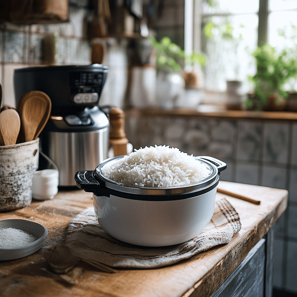A warm and inviting modern kitchen scene with natural lighting, featuring an Instant Pot on the countertop surrounded by various cooking tools like wooden spoons and measuring cups. Bowls filled with uncooked rice and fresh ingredients are nearby, adding color and texture to the setting. Subtle details like fresh herbs, a cookbook open to a rice recipe, and the cozy atmosphere create a homely yet professional vibe, reflecting the theme of a food blog about cooking rice with an Instant Pot.