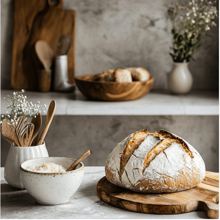 A warm and inviting kitchen scene featuring a rustic wooden countertop with an array of cooking tools, bowls, and ingredients for reviving stale bread. Soft, natural lighting filters through a nearby window, casting a cozy glow on the kitchen. In the background, hints of baking sheets and fresh herbs suggest a homey yet professional atmosphere, inviting readers to engage with the idea of transforming stale bread into something delicious.