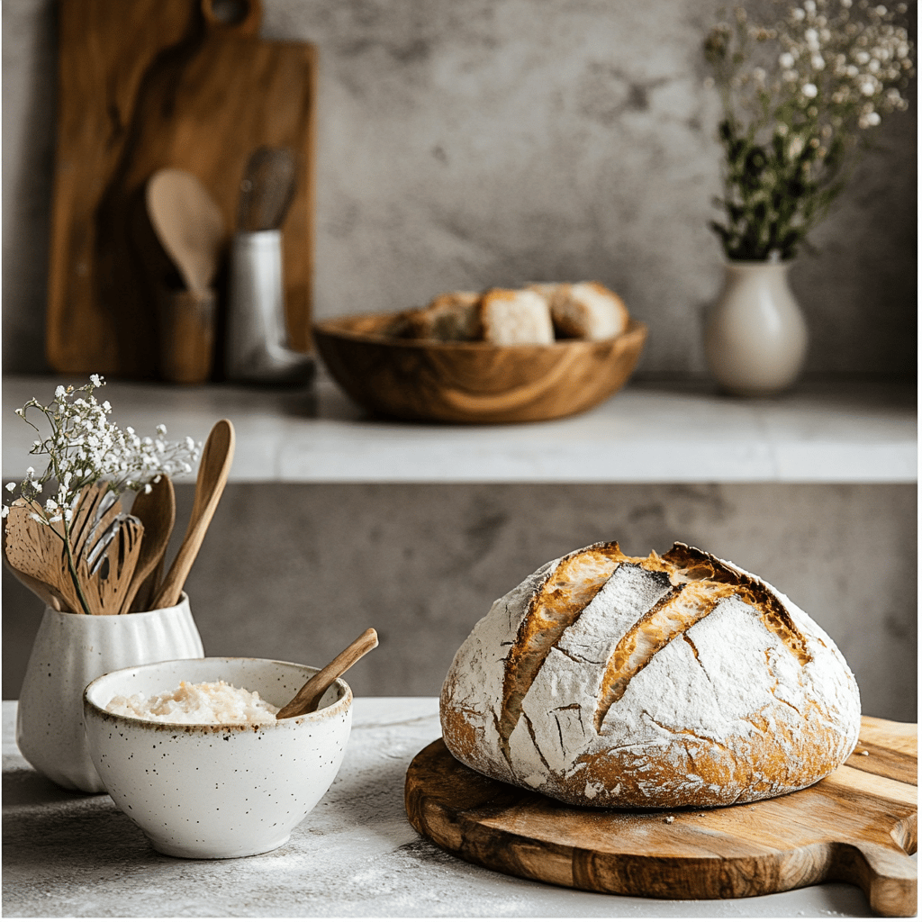 A warm and inviting kitchen scene featuring a rustic wooden countertop with an array of cooking tools, bowls, and ingredients for reviving stale bread. Soft, natural lighting filters through a nearby window, casting a cozy glow on the kitchen. In the background, hints of baking sheets and fresh herbs suggest a homey yet professional atmosphere, inviting readers to engage with the idea of transforming stale bread into something delicious.