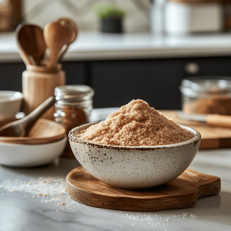 A warm, cozy modern kitchen filled with natural light, featuring a wooden countertop adorned with a bowl of soft brown sugar next to cooking utensils. A kitchen gadget designed to prevent brown sugar from hardening is subtly placed nearby, along with various fresh ingredients like herbs, spices, and baking tools, creating an inviting atmosphere that reflects a friendly and professional food blog aesthetic.